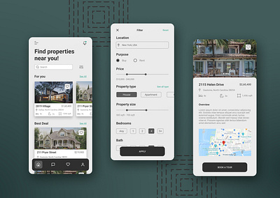 Properties Buy/Sell App Screen android design figma design filter home ios minimalist mobile app modern property prototyping trending ui user experience