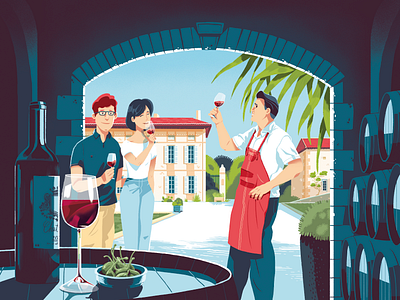 PDO Fronton - Campaign for Red wine 2021 #1 aoc fronton barrel bouteille de vin cave cave à vin cellar degustation drawing illustration photoshop tasting vin wine wine cellar wine domain young couple