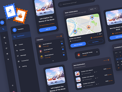 Travel UI Components - Dark mode 🌠 booking clean component dark dashboard design graphic design illustration modern tour tourist travel trend trip ui ui component ui kit uidesign uiux