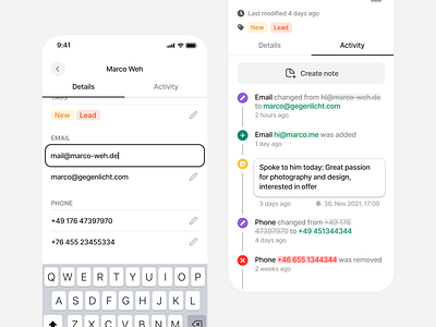 Contact management activity contact contacts details edit inline input management note notes timeline ui
