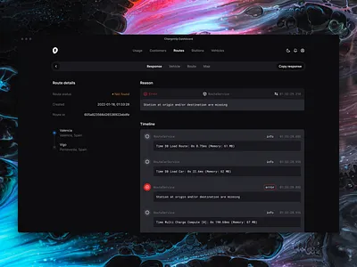 Chargetrip - Internal Dashboard clean dark dashboard data debug filter interface list logs navigation ui ux