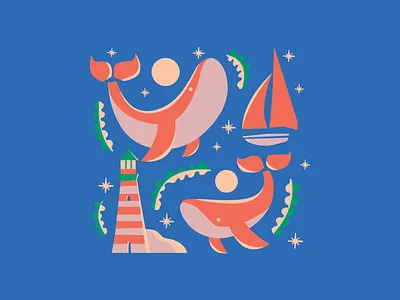 Moonlight Whales Illustration and Pattern acquatic blue boat cherbear creative light house moon moonlight ocean pattern popular repeat pattern sail boat sea seaweed water whales