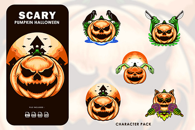 5 Scary Pumpkins Halloween - Sticker Pack glowing