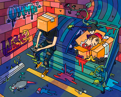 Boxhead character character design design drawing grunge illustration illustrative plants possum typography