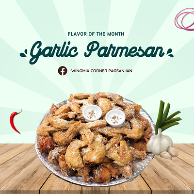 Chicken Wings Flavor of the Month: Garlic Parmesan branding design illustration pubmat typography