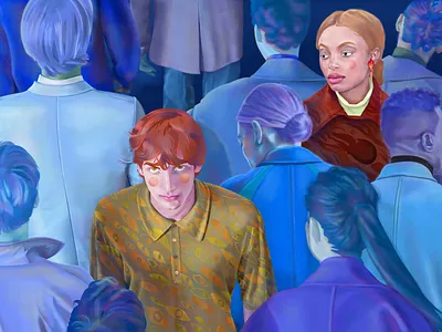 A Meet Cute adobe blue color comedy creative crowd cute digital face girl group hipster illustration life love oil people portrait romantic style