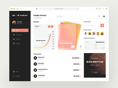 Growth.in - Finance Dashboard app bank dashboard dashboard finance finance financial fintech mobile money payment statistic transfer ui wallet website website design