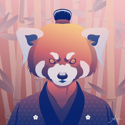 Red Panda Ronin Furry bamboo blue contrast derivative digital art digital artist illustration kimono nft nft art nft artist nft community panda pink ronin vector vector art yellow