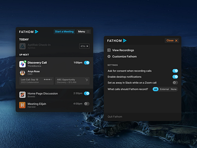 Fathom Widget ai calendar calls crm customize desktop app macos meeting menu recording schedule settings start a meeting switch toggle ui ux web app widget zoom