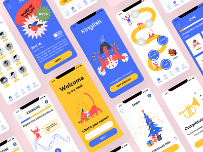 English Learning App Design for Children app app ui banners blue children app colourful congratulations glossary illustration kids kids app learning path path points quiz quiz app teaching app ui vocabulary welcome screen