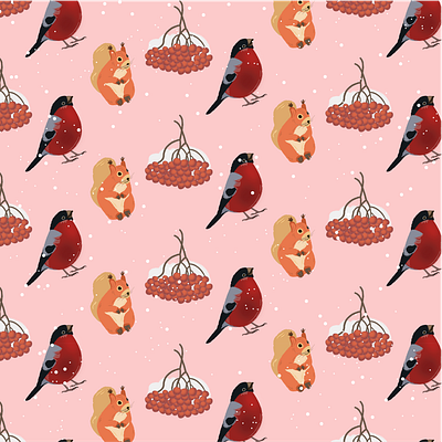 Winter pattern bullfinch graphic design illustration pattern rowan squirell vector winter