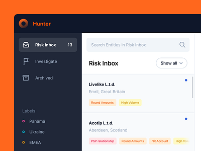 Risk inbox agency design development minimal react ui ux