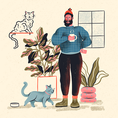 Cat Man apartment cat clothing coffee design hand drawn illustration illustrator man people pet plants procreate texture window
