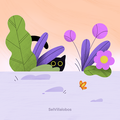 Curious Cat black cat botanical curious design digital illustration illustration for motion ilustracion kitten leaves mexico nature plants procreate purple veri very peri