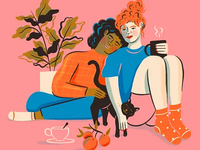 Slow Mornings cat cat lady clothing coffee design faces hair hand drawn illustration illustrator love mornings people procreate shadow texture warm woman