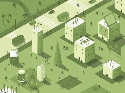 Green Living - Soho House buses character cities dalebrains dalesbits environment fun future futuristic green living illustration isometric live green nature people public transport small people trees utopia