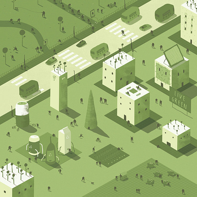 Green Living - Soho House buses character cities dalebrains dalesbits environment fun future futuristic green living illustration isometric live green nature people public transport small people trees utopia