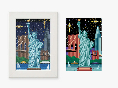 New York City 16bit city cross stitch crossstitch embroidery empirestatebuilding enviroment fireworks game art game design illustration newyork nyc pixel art pixelart skyline statueofliberty