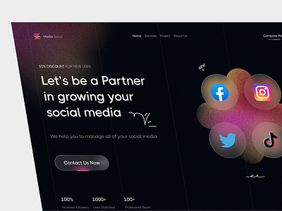 MedSos - Social Media Agency agency blur dark theme design glass effect gradient hero section home page landing page mobile social media agency ui web design