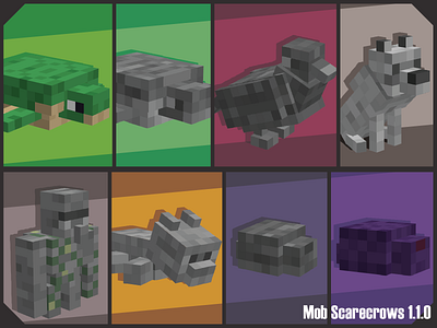 Mob Scarecrows 1.1.0 RELEASE 3d blockbench blocks cat endermite illustrator iron golem minecraft pigeon plushie scarecrow statue turtle wolf