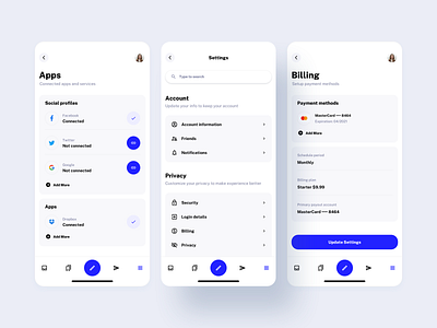 Account Settings - Droid Multipurpose Mobile UI Kit account app apps billing configure dashboard design example inspiration integrated ios plugins profile saas settings ui ui kit ux