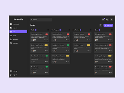 Outworldly dark theme kanban board task board uidesign