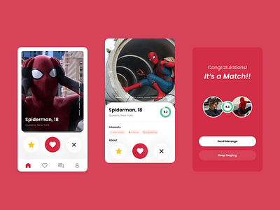 Superhero Dating App app branding card dailyui dating dating app design graphic design illustration match red tinder ui ui design ux ux design white