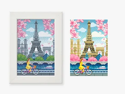 Paris 16bit bike blossom city crossstitch eiffel eiffeltower embroidery enviroment france game art game design illustration paris pixel art pixelart river riverbank romantic seine