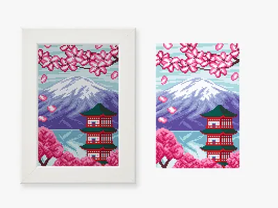 Mount Fuji 16bit blossom embroidery enviroment fuji game art game design illustration japan mount mountain mountfuji nature pacific pixel art pixelart spiritual temple volcano