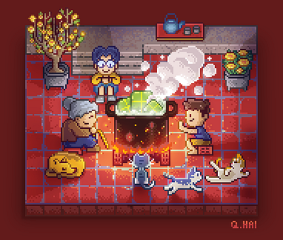 Cooking "Banh chung" for Lunar New Year pixelart