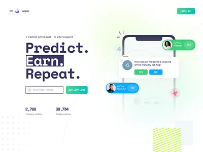 Wimo - Web Page app contracts design events future home page home screen landing landing page market mobile app opinion predict premium trading ui user interface user experience ux website design