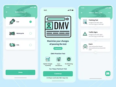 Driver Licence Exams App car clean design driver education figma illustration iosapp learning licence minimalistic mobile app design mobile ui product design test ui uiuxdesign