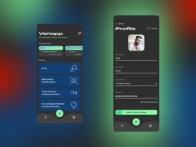 Veriapp — all verification tools in one place! | UX/UI Design app application blue dark mode dashboard design gradient green kyc mobile mobile app neon neon green profile syne ui user profile ux ux design verification