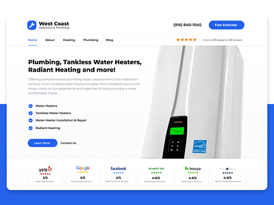 West Coast Plumbing Services Homepage clean contractor design home services landing page modern plumbing react responsive ui ux water heater website