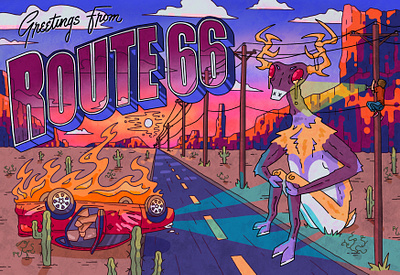 Route 66 Postcard car character character design design drawing grunge highway illustration illustrative monster nature retro road scenery sunset typography vintage