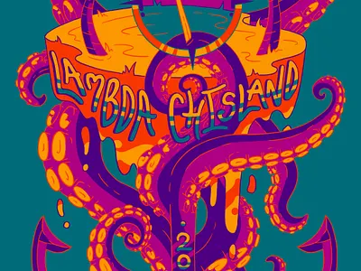 Lambda Chisland Shirt Design beach design drawing illustration illustrative island octopus palmtrees pirate sunset tentacles typography