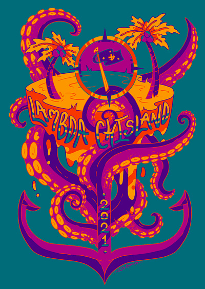 Lambda Chisland Shirt Design beach design drawing illustration illustrative island octopus palmtrees pirate sunset tentacles typography