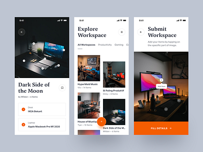 Workspes, Workspace Inspiration Mobile App desk desk setup explore finder gaming idea inspiration layout mobile mobile app office productivity setup ui user experience user interface ux work workspace workspace finder