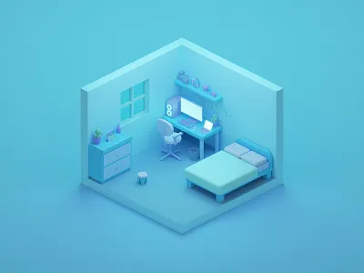 Simplified isometric room 3d blender computer design desk diorama illustration isometric low poly myanmar room simple web design