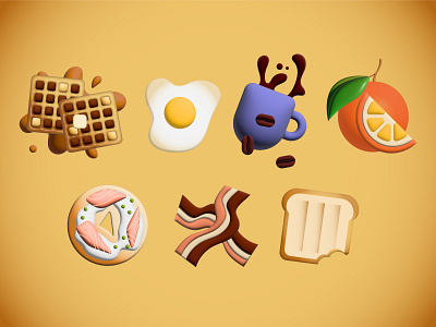 🍳 🧇 🍊 🥯 ☕️ 3d bagel breakfast coffee eggs illustration orange toast waffles