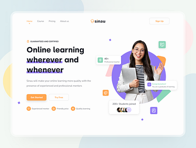 Sinau - Online Learning (Education) clean course design e course exploration header landing page learning online course onlineclass onlinelearning teaching ui uidesign uiux web app website