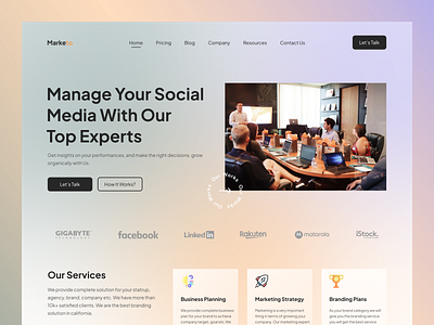 Social Media Management Website Header agency branding corporate design flat ui glassmorphism gradient ui hero section homepage landing page marketing retro retro ui social media ui ui design ui ux web design website