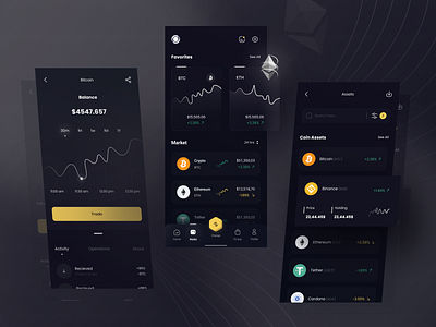 Crypto Exchange Wallet - Dark Version app bitcoin blockchain cards clean coin crypto dark design ethereum graph ios minimal mobileapp modern product design ui uidesign ux wallet