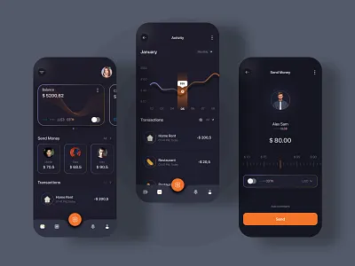 Banking App Concept app design application bank bank card banking app dark theme finance minimal mobile banking mobile ui online bank pay send money trendy ui ui design ux ux design wallet