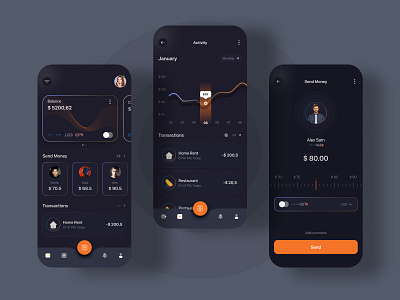 Banking App Concept app design application bank bank card banking app dark theme finance minimal mobile banking mobile ui online bank pay send money trendy ui ui design ux ux design wallet