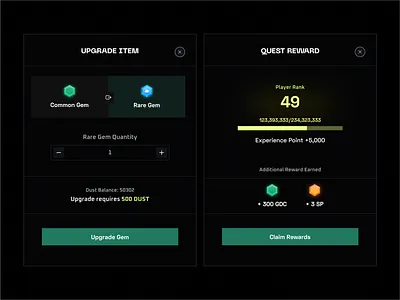 Upgrade and Quest Reward Modals blockchain crypto design game modal ui web