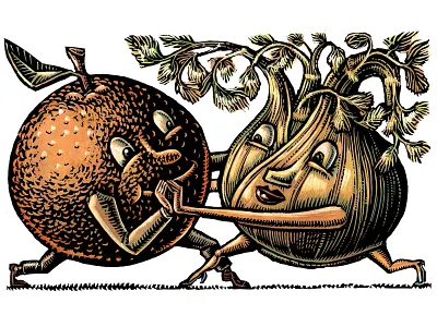 "Orange Fennel Compote" Scratchboard Illustration dancing editorial illustration fennel food food art food illustration illustration lisa haney menu art orange scratchboard vegetables