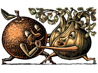 "Orange Fennel Compote" Scratchboard Illustration dancing editorial illustration fennel food food art food illustration illustration lisa haney menu art orange scratchboard vegetables