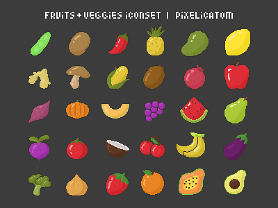 FRUITS AND VEGGIES PIXEL ICON SET 8bit branding design freelancer icon illustration logo nft nintendo pixel pixelart pixelicatom ui