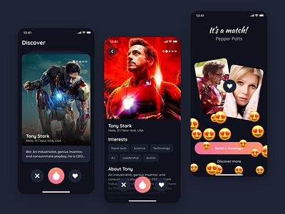 What if Iron Man had a cool dating profile? 🤔 adobe xd app ui clean ui colorful concept design dating app design challenge designcommunity ios app marvel comics matching app minimalist mobile app mobile design modern ui social app soulmate tinder ui design valentine app